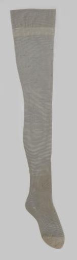 Stocking of light grey shiny rayon, from top to toe with narrow horizontal stripe, wide cuff