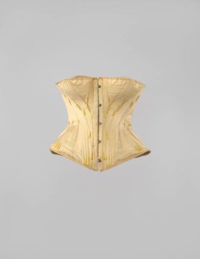 Corset of Moss Green Satinet, Trimmed with Beige Machine-Made Lace