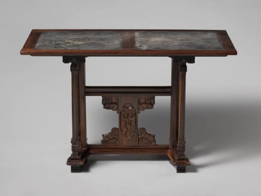 Table of coromandel wood with a rectangular top inlaid with linoleum