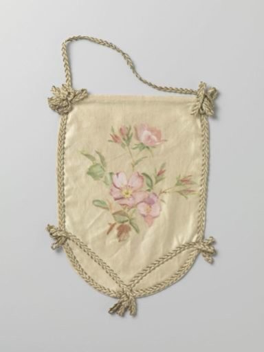 Single leaf of a pouch of ivory-colored satin, with green branches and pink flowers in watercolor
