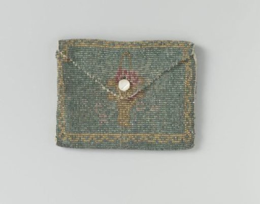 Small bag in envelope style, entirely woven of fine green-grey beads, with a mother-of-pearl button as fastening