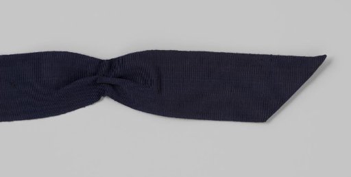Ribbon, navy blue ribbed silk, doubled lengthwise at one end and gathered and secured