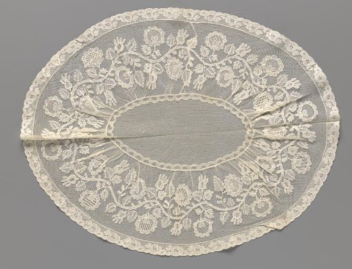 Cushion Cover of Lace Embroidery, Oval, with Wavy Rose Branch, Oval Flowers and Rosebuds