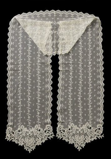 Shawl of lace embroidery and etched lace with stripes