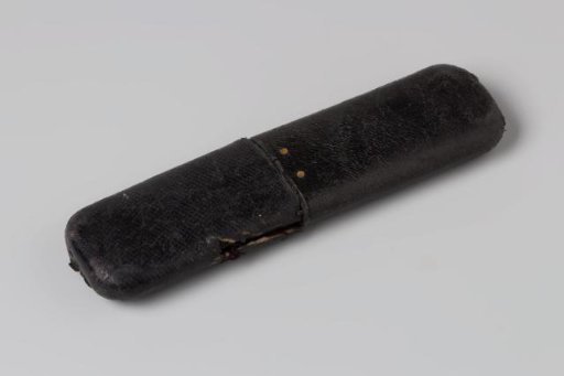 Black case containing 13 crochet hooks (two of plastic and eleven of metal)