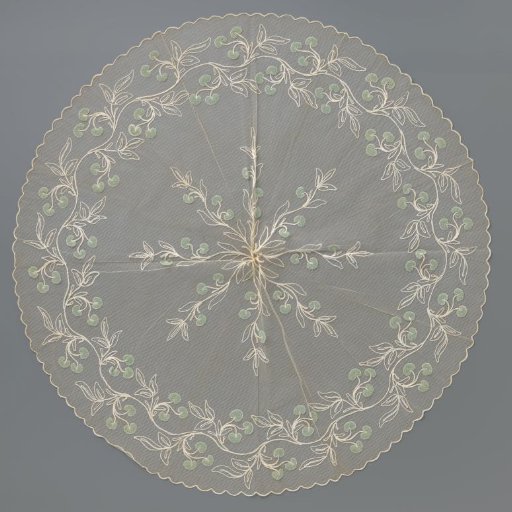 Parasol top of white machine-made tulle (cotton?), decorated with tambour work in white and green
