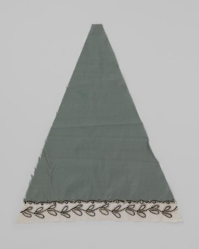 Section of a parasol canopy of soft green cotton, with a batiste border embroidered with wool thread