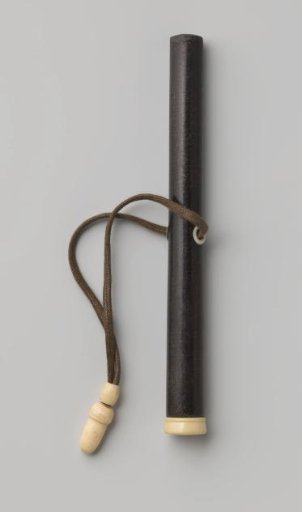 Handle of dark wood for an umbrella or parasol, with a bone knob; with carrying strap