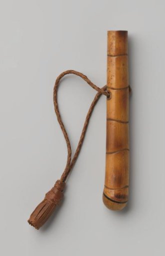Handle and knob of one piece of bamboo for an umbrella or parasol; with strap of braided leather