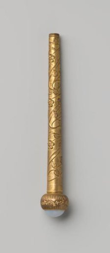 Conical handle and round knob of chased copper, for an umbrella or parasol; with moonstone