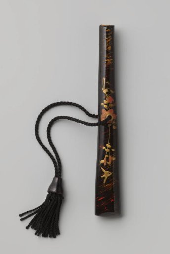 Handle of black lacquered wood painted with a bird and flower, for an umbrella or parasol; with cord