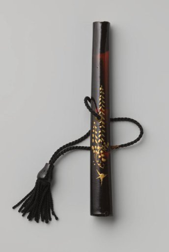 Handvat van zwartgelakt hout beschilderd met een vogel en een bloem, voor een paraplu of parasol; met een koord