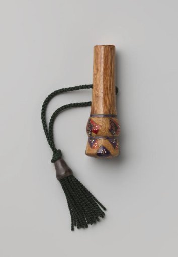 Painted wood parasol knob or umbrella knob; the knob is decorated with carved motifs