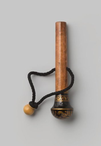 Wooden parasol knob or umbrella knob; the black painted mushroom knob is decorated with gold-colored motifs