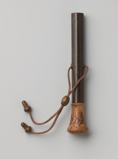 Parasol handle or umbrella handle of painted wood; on the handle is a pattern of triangles and dots branded