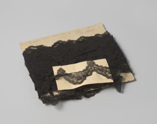 Strip of black lace, scalloped on both sides with flower motif, on cardboard
