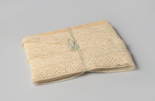 Insert of cream-colored machine-made lace with a pattern of linked flowers, on cardboard