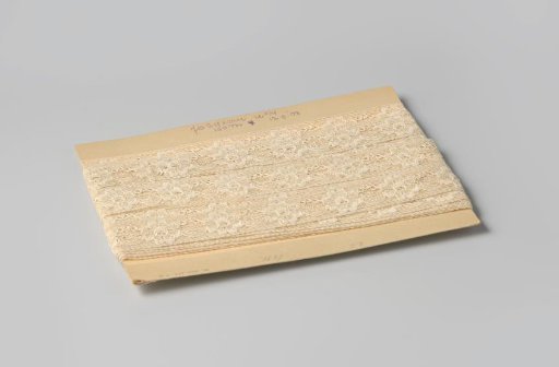 Insert of cream-colored machine-made lace with a pattern of linked flowers, on cardboard