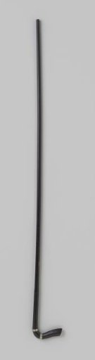 Shaft of an umbrella or parasol of black painted wood with a curved hook, fitted with two silver-coloured metal rings