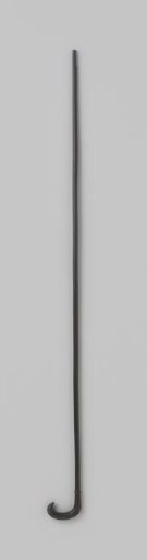 Shaft of an umbrella or parasol of black-painted wood with a curved hook, carved with five radiant suns