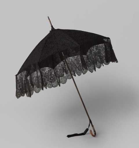 Parasol with cover of black lace on tulle, on a stick with a curved handle of dark bamboo