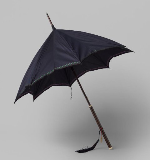 Umbrella and parasol, with cover of dark blue silk with a purple border, on a dark wooden stick, and case