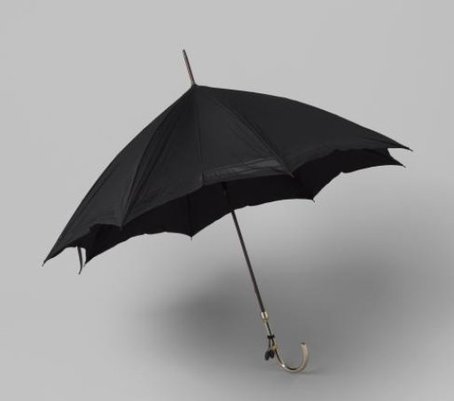 Umbrella with canopy of plain black silk, with a woven stripe along the edge, on a wooden (?) stick, with a silver-coloured curved handle