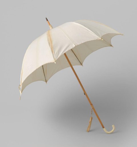 Parasol with canopy of plain white cotton with a narrow multicoloured thread strung along the edge, on a light wooden stick, with a curved, ivory-coloured handle