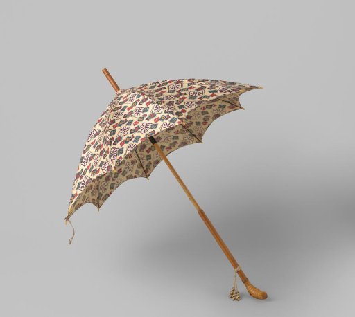 Parasol with canopy of white cotton printed with a pattern in red, purple, blue and pink on a bamboo shaft