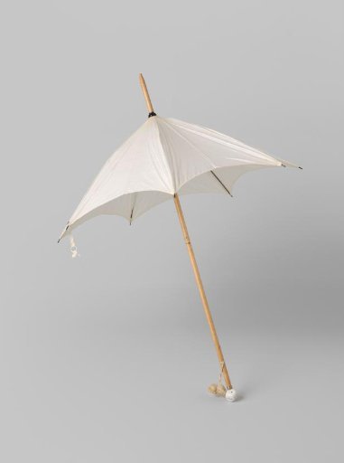 Parasol with a canopy of plain white cotton on a narrow wooden shaft, with a white die at the bottom featuring blue dots