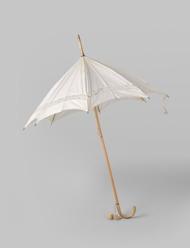 Parasol with canopy of white cotton, with a strip of white lace in between, on a light wooden shaft with a round hook