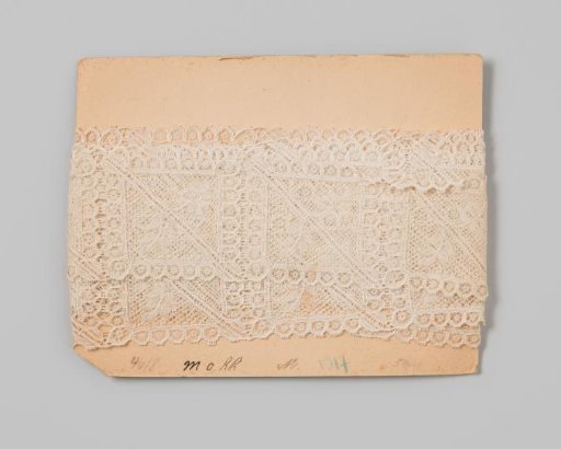 Strip of white bobbin lace consisting of linked squares with leaf motifs, adorned with scallops and picots
