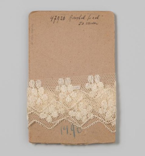 Card with white strip of scalloped lace, a five-petaled flower in each scallop