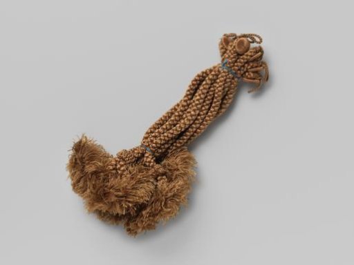 Six cords of braided light brown silk, with a knot and a tassel at each end