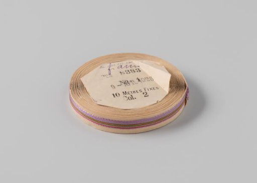 Ribbon on a roll, striped, lilac with light green, black, rose and orange
