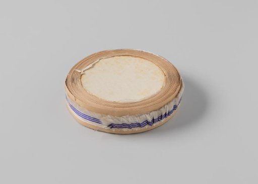 Roll with white ribbon with one frayed side and three blue horizontal stripes