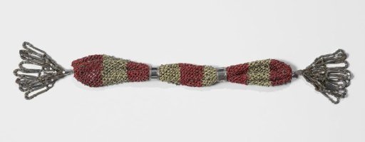 Stocking purse of knitted silk in red and beige stripes, decorated with cut steel beads