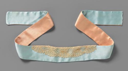 Cuff of Needle Lace Sewn onto the Center of a Blue-Pink Satin Ribbon