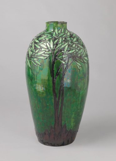 Vase with decoration of leafy trees in light green, brown-red, and black on a green ground