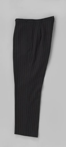 Long trousers of grey-striped black wool, with straight legs without turn-ups, pleated front, three pockets, button closure and waistband with six buttons