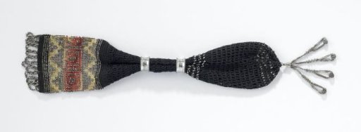 Long sock purse of crocheted black, beige and red silk decorated with polished steel beads and two matching rings