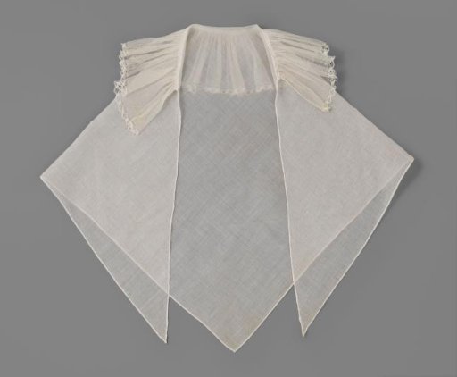 Cotton Cheese Cloth Fichu, Triangular, with Attached Pleated Strip of Silk Tulle Trimmed with Narrow Strip of Lace
