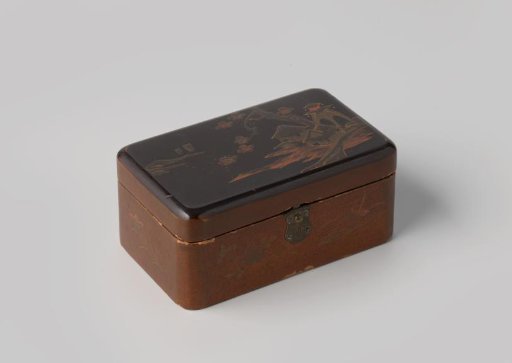 Long rectangular box of lacquered and painted wood with lid