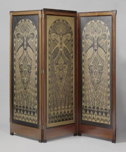 Room Screen Consisting of Three Leaves with Stylized Peacocks
