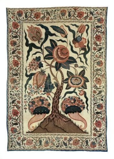 Spread or Palempore of Sateen, Decorated with a Tree with Large Flowers and Two Horns of Plenty