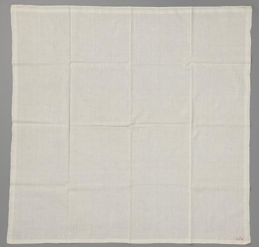 Linen handkerchief, decorated along the edges with woven stripes; marked in red cross-stitch MJR // 6