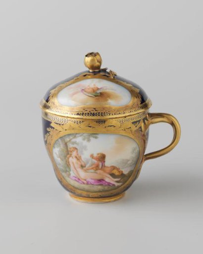 Cup and saucer with lid, multicolored painted with scenes and the monograms AJK and EPK in medallions