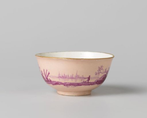 Teacup, part of a coffee and tea service with decoration featuring figures in a river landscape in beetroot red