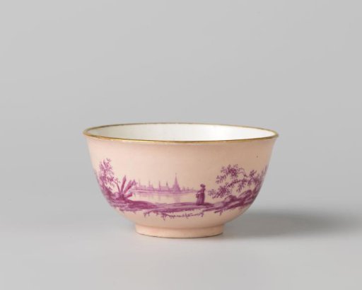 Teacup from a coffee and tea service, painted with figures in a river landscape in beetroot red