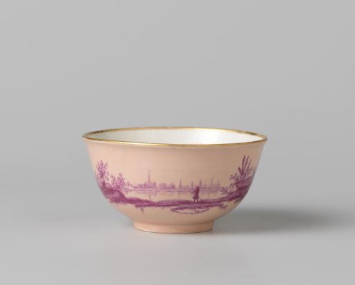 Teacup from a coffee and tea service, painted with figures in a river landscape in beetroot red